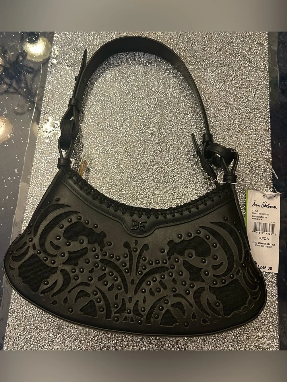 Sam Edelman Women's Black Willette Floral Dyecut Leather Shoulder Bag